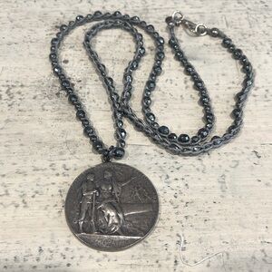 NWOT Handmade Hematite Crochet Necklace with large Coin Pendant
